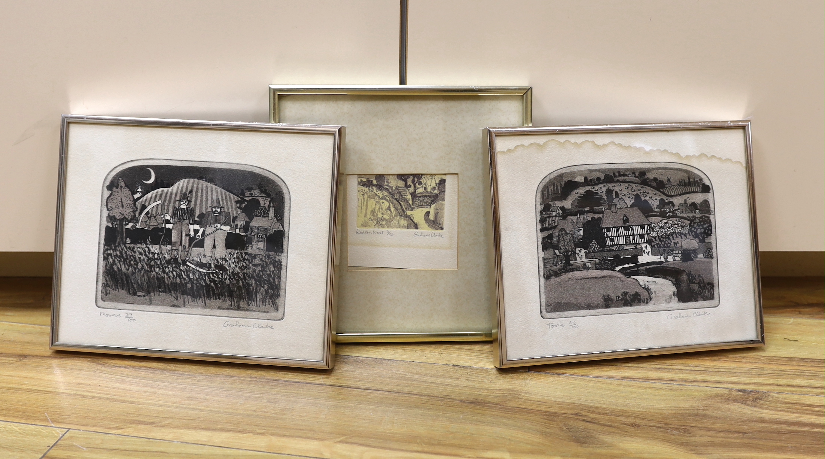 Graham Clarke (b. 1941) three limited edition etchings comprising 'Walton West', 'Mowers' and 'Tom's', each signed in pencil, largest 19 x 24cm